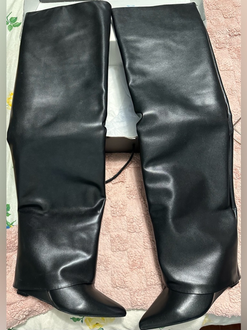 Black Faux Leather thigh-High Pointed Toe Boots
